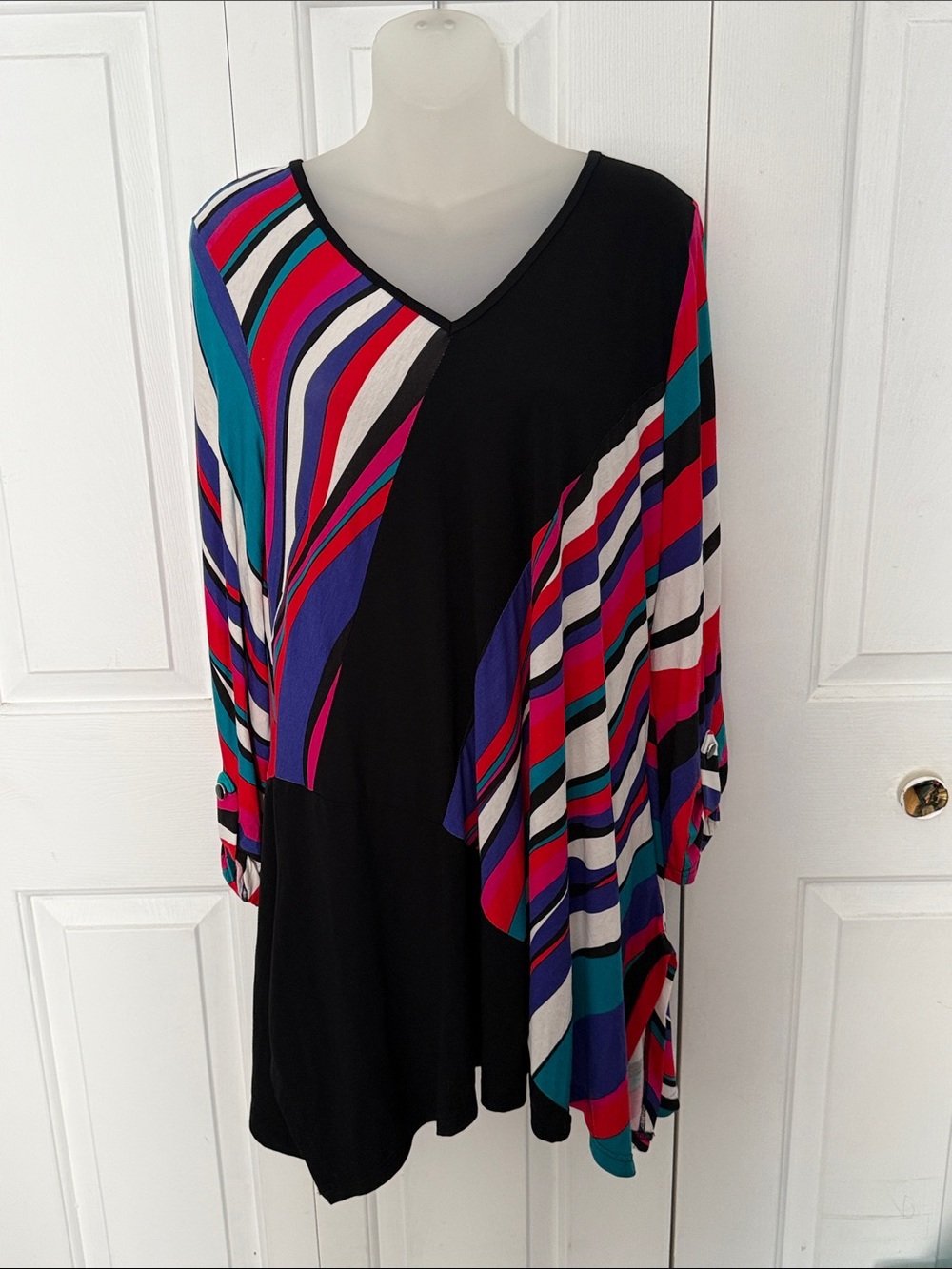 LIOR Sz L Asymmetrical V-Neck TUNIC Multi-Color Stripe Panels NWT B39